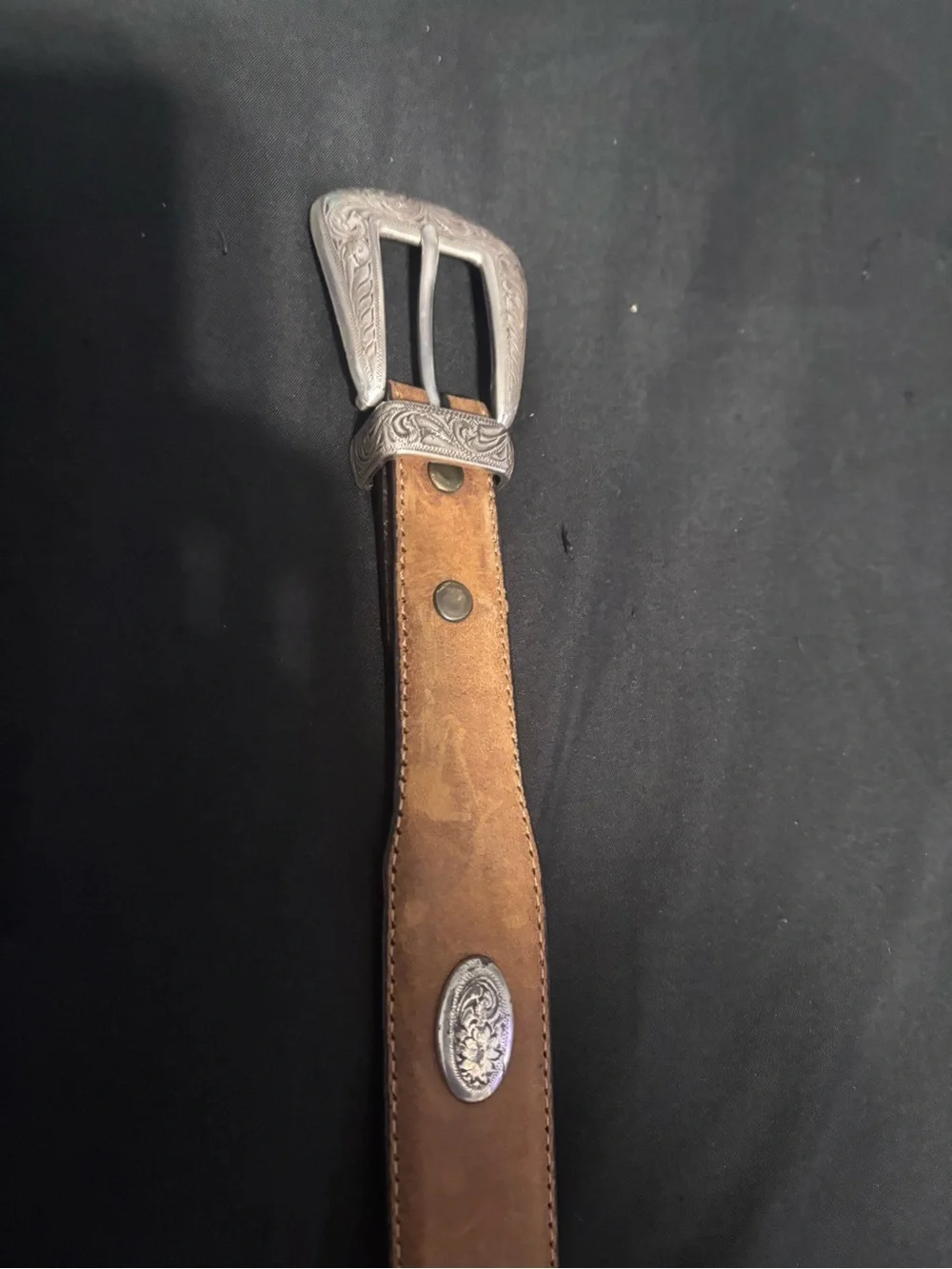 Nocona Tan Leather Western Belt with Silver Floral Buckle
